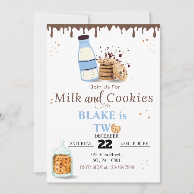 Milk & Cookies Birthday Party Invitation for Boys  (Front)