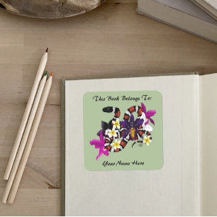 Milk Snake Exotic Floral Green Bookplate Square Sticker