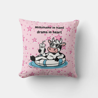 Milkshake in Hand, Drama in Heart | Cool Cow Decor Throw Pillow