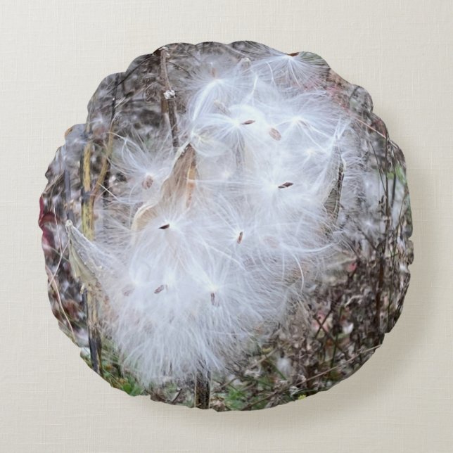 Milkweed Seeds and Silk Round Pillow (Front)