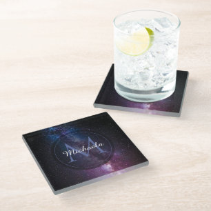 Milky way bright colors personalizable monogram glass coaster