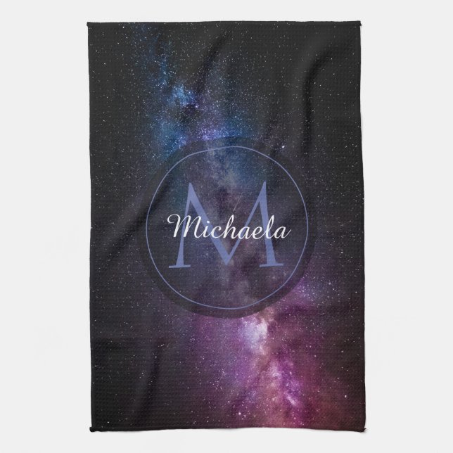 Milky way bright colours personalizable monogram kitchen towel (Vertical)