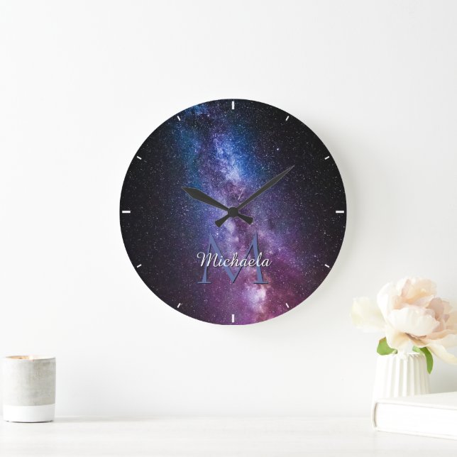 Milky way bright colours personalizable monogram large clock (Home)