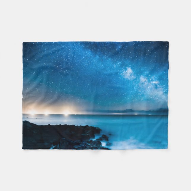 Milky Way Galaxy Over Fishing Boats Fleece Blanket (Front (Horizontal))