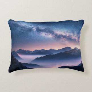 Milky Way over mountains in fog at night in summer Accent Pillow