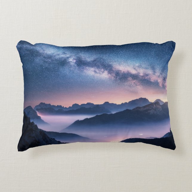 Milky Way over mountains in fog at night in summer Accent Pillow (Front)
