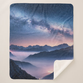 Milky Way over mountains in fog at night in summer Sherpa Blanket