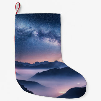 Milky Way over mountains in fog at night in summer Small Christmas Stocking