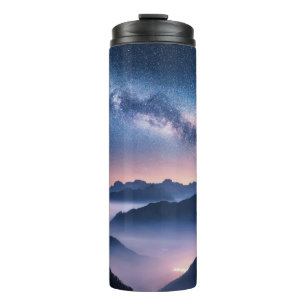 Milky Way over mountains in fog at night in summer Thermal Tumbler