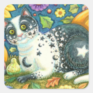 MILKYWAY, A MYSTICAL HALLOWEEN CAT, MOON & STARS SQUARE STICKER