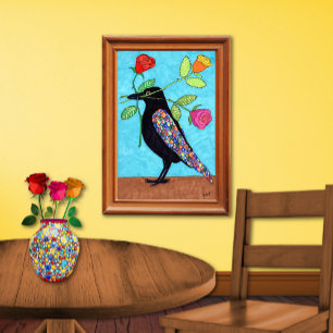 Millefiori Crow with Colourful Roses Folk Art Poster