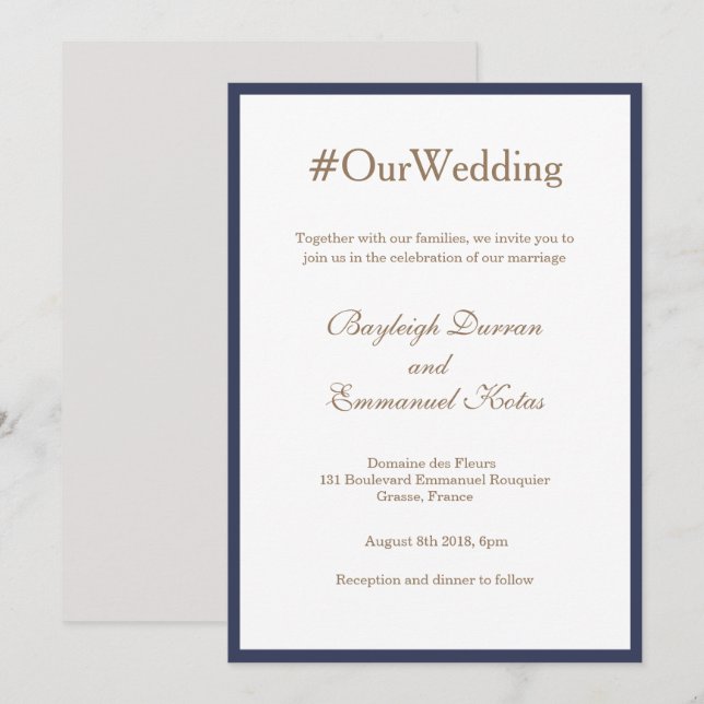 Millennial Hashtag Navy Blue Gold White Wedding Invitation (Front/Back)