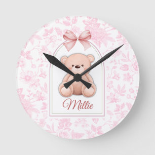 Millie Custom Pink Teddy Bear Nursery Design Round Clock
