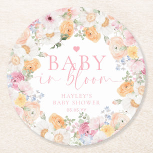 Millie Floral Baby In Bloom Baby Shower Round Paper Coaster