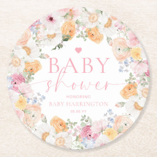 Millie Floral Baby Shower Round Paper Coaster
