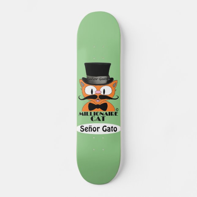 Millionaire Cartoon Moustache Cat Señor Gato Skateboard (Front)