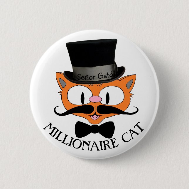 MILLIONAIRE CAT Cartoon Moustache Cat with Top Hat 2 Inch Round Button (Front)