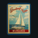 Milwaukee Sailboat Vintage Travel Wisconsin Magnet<br><div class="desc">This Greetings From Milwaukee Wisconsin vintage travel nautical design features a boat sailing on the water with seagulls and a blue sky filled with gorgeous puffy white clouds.</div>