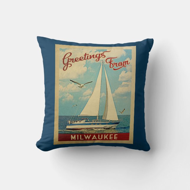 Milwaukee Sailboat Vintage Travel Wisconsin Throw Pillow (Front)