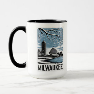 Milwaukee Skyline Black and White Woodcut Winter Mug