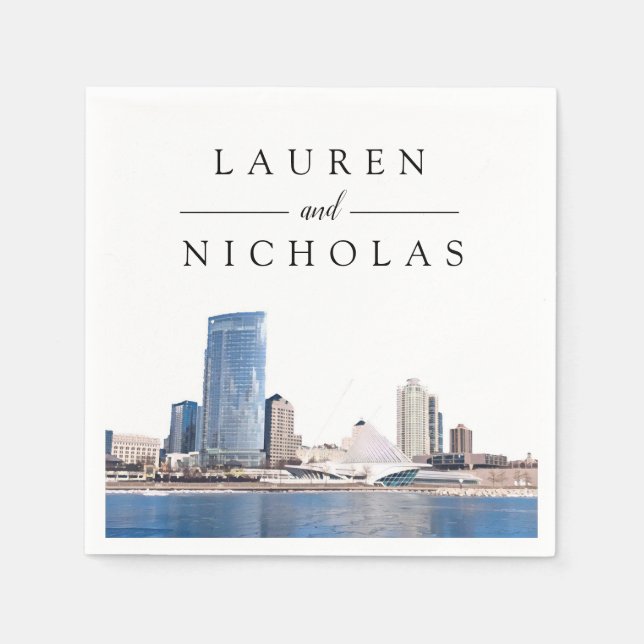 Milwaukee Skyline Personalized Wedding Napkins (Front)