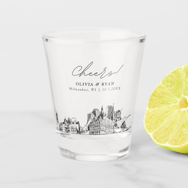 Milwaukee Wedding Favour Personalized Cheers Shot Glass (Front)