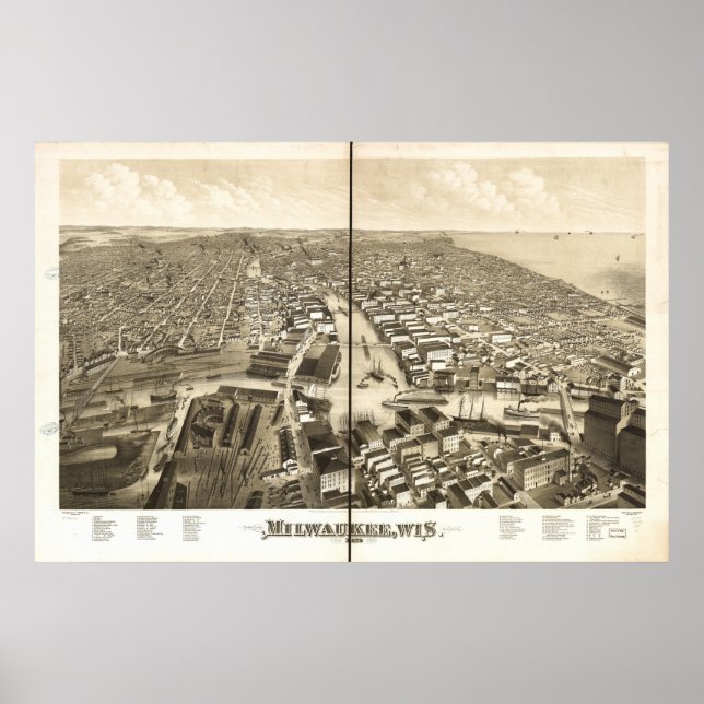 Milwaukee WI 1879 Antique Panoramic Map Poster (Front)