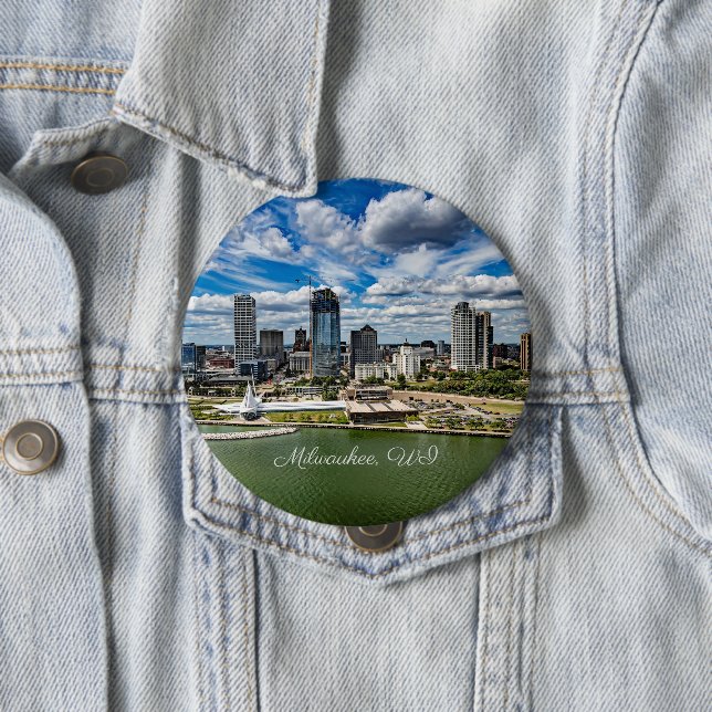 Milwaukee, Wisconsin cityscape photograph, 4 Inch Round Button (In Situ)
