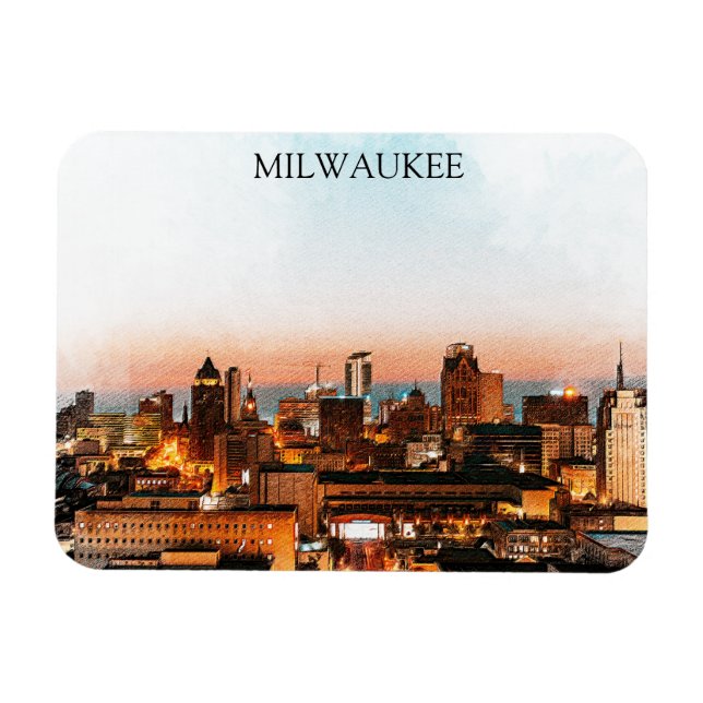 Milwaukee Wisconsin Skyline By Night Artwork Magnet (Horizontal)