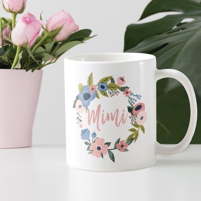 Mimi Brush Script Typographic Floral Wreath Coffee Mug (Creator Uploaded)