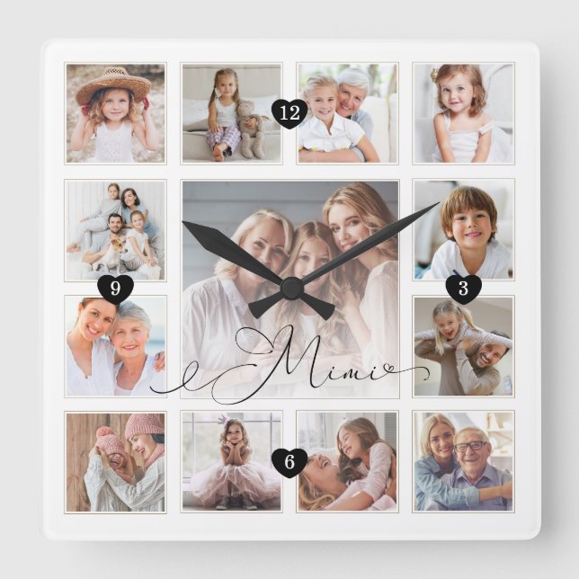 Mimi Script Family Memory Photo Grid Collage Square Wall Clock (Front)