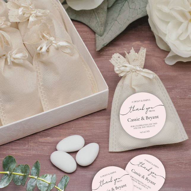 Miminal Modern Black and White Wedding Thank You Classic Round Sticker (blush pink wedding thank you stickers for favor bags)