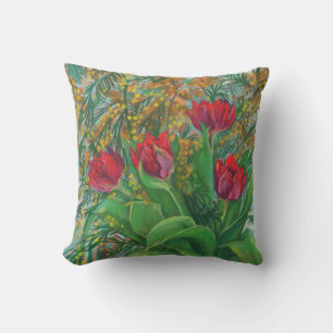 Mimosa and Tulips, Spring Flowers, Floral Painting Throw Pillow