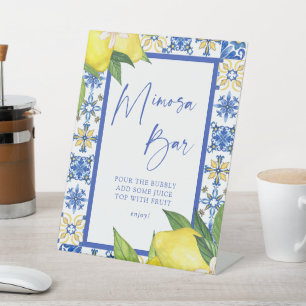 Mimosa Bar Blue Tiles Lemons Bridal Shower Pedestal Sign