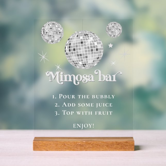 Mimosa Bar Bubbly Disco Ball Bridal Shower Acrylic Sign (Neutral)