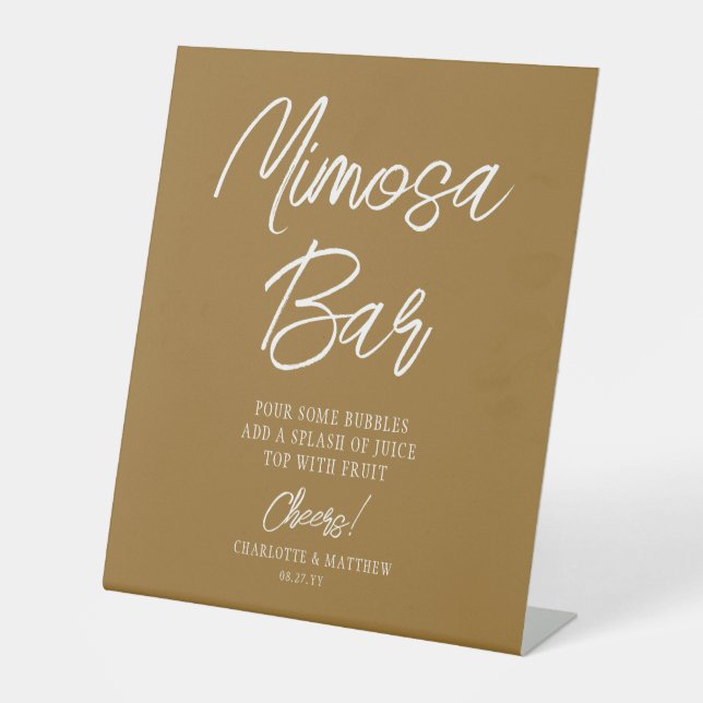 Mimosa Bar Cheers Modern Handwritten Script Gold Pedestal Sign (Front)