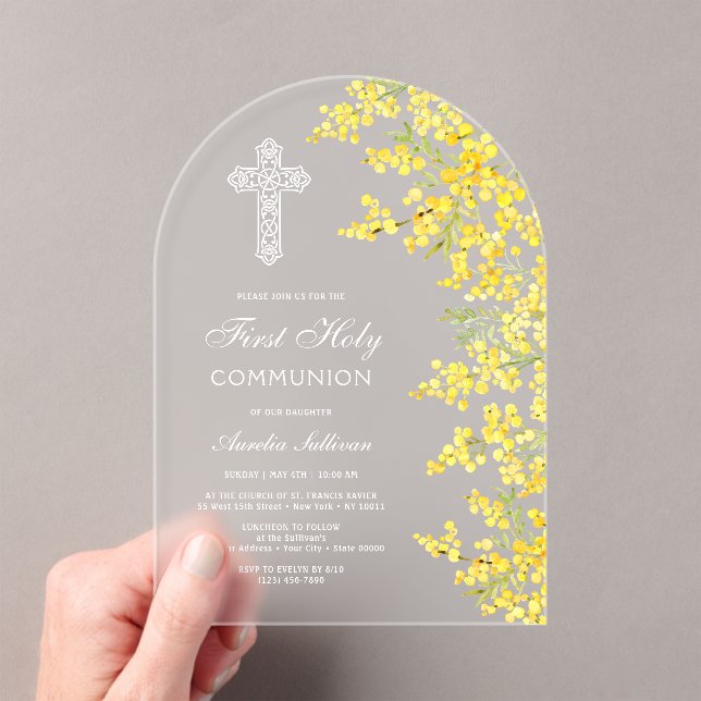 Mimosa Flowers Arch First Communion Acrylic Invitations (Insitu (Handheld))