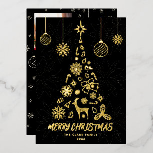 Minamalist Black Christmas Tree 3 Photo Collage Foil Holiday Card