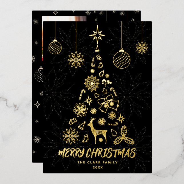 Minamalist Black Christmas Tree 3 Photo Collage Foil Holiday Card (Front/Back)