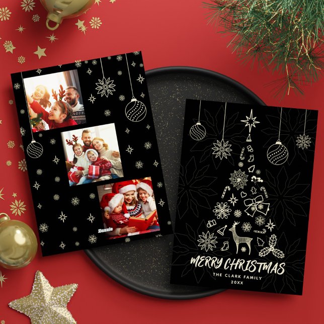 Minamalist Black Christmas Tree 3 Photo Collage Holiday Card (Minamalist Black Christmas Tree 3 Photo Collage Holiday Card)