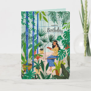 Mindful blue greenhouse plants girl reading card