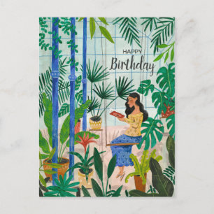 Mindful blue greenhouse plants girl reading postcard