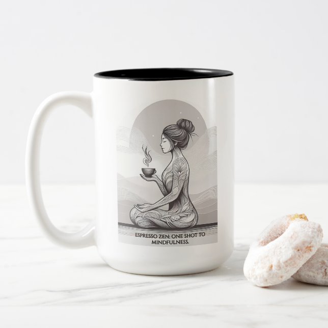 Mindful Espresso Zen Meditation One Shot Buddha Two-Tone Coffee Mug (With Donut)