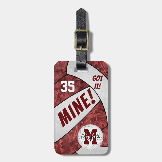 MINE! girls maroon white volleyball gifts Luggage Tag (Front Vertical)