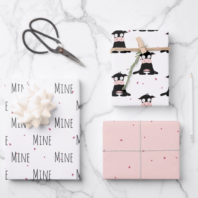 "Mine Mine Mine" Crazy Cute Cow Love Wrapping Paper Sheet (Front)