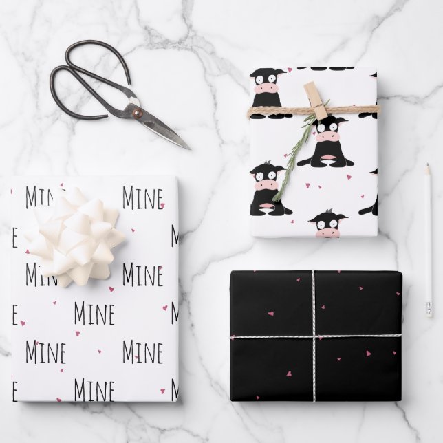 "Mine Mine Mine" Crazy Cute Cow Love Wrapping Paper Sheet (Front)