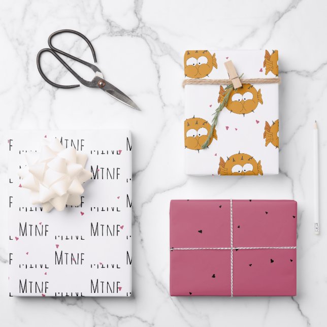 "Mine Mine Mine" Crazy Cute Puffer Love Wrapping Paper Sheet (Front)
