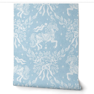 Mineral Blue Rococo Carousel Horses & Florals Wallpaper