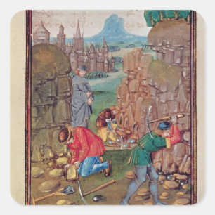 Miners at work, from 'Des Proprietez des Choses' Square Sticker