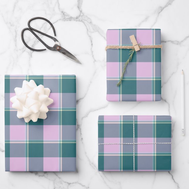 Ming and Melanie Plaid Pink Green Wrapping Paper Sheet (Front)